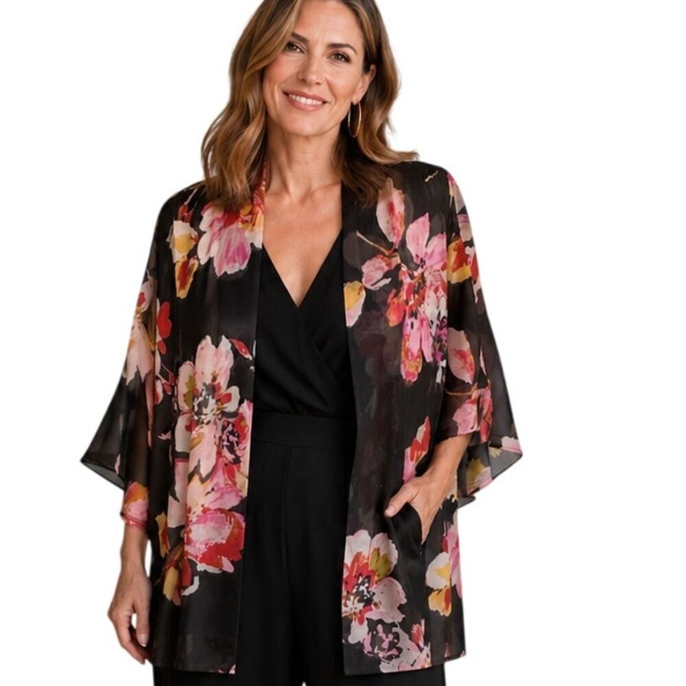 Susan Graver Floral Mesh Topper Womens 2X Black Pink Short Sleeve Sheer Cardigan